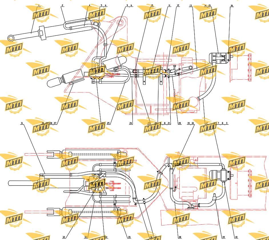 Pipe from implement valve to tilt cylinder front chamber
